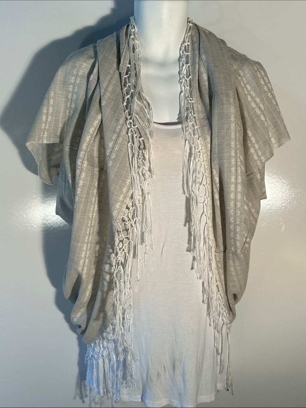 Free People Natural Colored Fringe Shawl / Open Cardigan Layer Boho Cottage